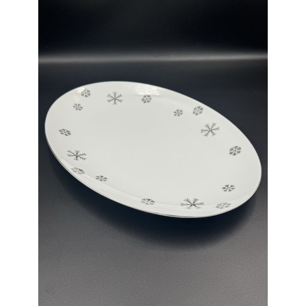 Vintage Seyei Snowy Atomic Snowflake 12” Oval Platter - Platinum Rim MCM Japan
